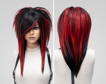 Scene Wig Styled EMO Anime Cosplay in Black Red, Spiky Straight Medium Glueless Wig with Bangs , Alternative Cyber Goth Hair Drag Alopecia