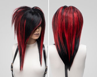 Scene Anime Cosplay Wig Commission, Black Red Straight Synthetic Custom Wig with Bangs Glueless, Alopecia Emo Halloween Styled Costume Wig