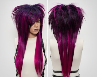 Scene Anime Cosplay Wig Commission, Pink Purple Straight Long Wig with Bangs Glueless, Emo Halloween Drag Styled Costume Wig for White Women