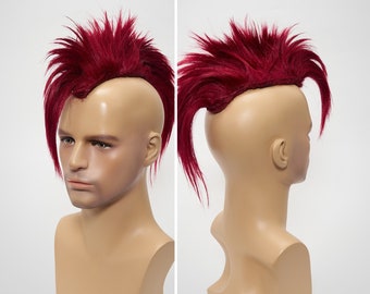 Mohawk Wig Scene Cosplay Headpiece Clip In Human Hair Topper Burgundy Red for Cyber Punk Goth EDM Rave Halloween Burning Man Festival Outfit