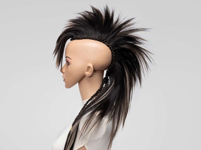 Brown mix synthetic mohawk wig with long spiked top and braided sides, shown in side profile