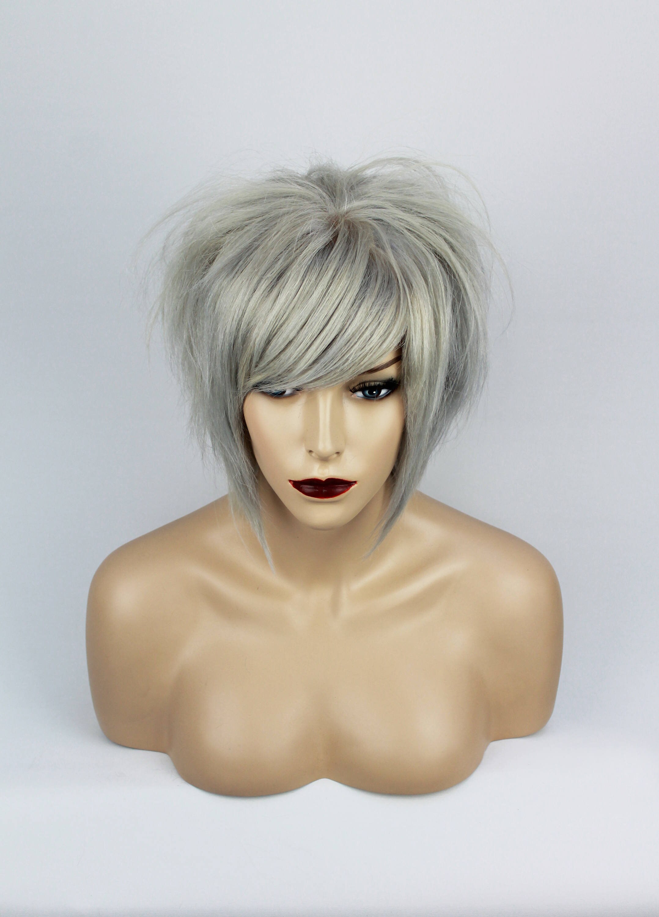 Silver White Human Hair Bob Fringe Wig One Size Uni Sex