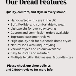 Handmade synthetic dreadlocks with a lightweight, soft texture for comfortable wear. Custom commission orders available in various styles, colors, and thicknesses. Made with high-quality materials for natural-looking dread styles. Easy to install and maintain, suitable for everyday wear or special occasions.