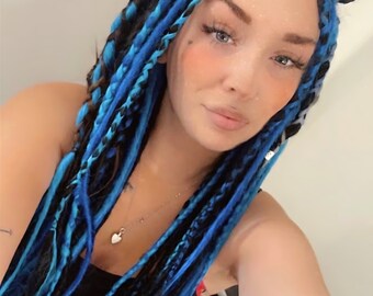 Black Blue Single Double Ended Dreads Locs Hair Extensions, Cyber Partial Accent Synthetic Dreads Full Set, DE SE Custom Braid in Dreadlocks