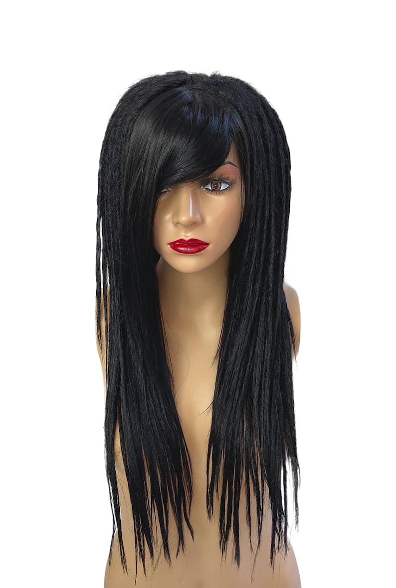 Cyber Gothic Dread Locs Wig Commission, Black Glueless Synthetic Dread Wig With Bangs, Dreadlocks Wig for Woman, Drag Halloween Costume Wig image 5