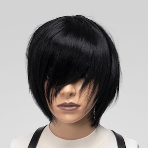 Mens Emo Wig Scene Hair, Black Wig Human Hair, Alternative Wig Goth, Bob Wig Short, Bang Wig Side Part, Chemo Wig Alopecia.