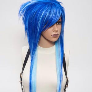 Scene Emo Wig Blue, Spiky Wig Side Bang, Shaggy Wig Layered, Alternative Goth Wig Drag, Colorful Wig Cosplay Anime.