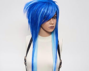 Scene Emo Wig Blue, Spiky Wig Side Bang, Shaggy Wig Layered, Alternative Goth Wig Drag, Colorful Wig Cosplay Anime.