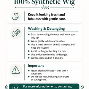 Synthetic wig care infographic explaining washing, detangling, drying and important care instructions for synthetic wigs.
