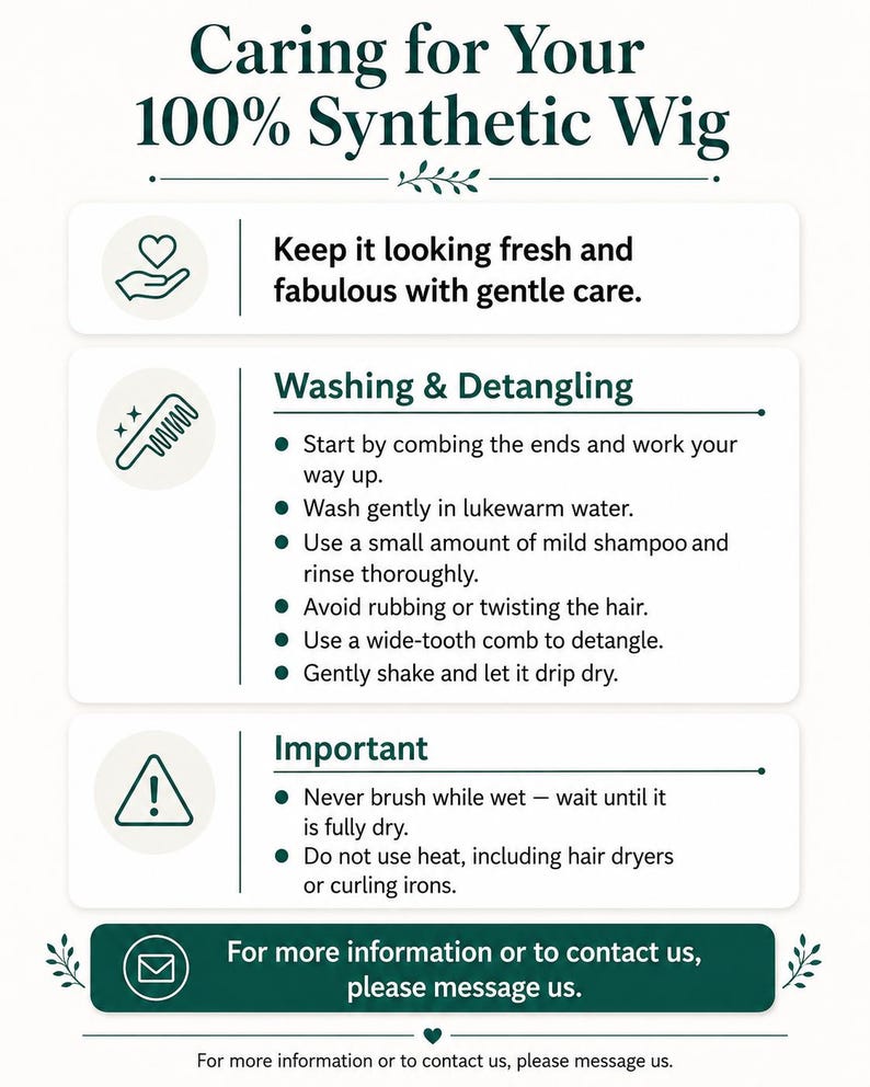 Synthetic wig care infographic explaining washing, detangling, drying and important care instructions for synthetic wigs.