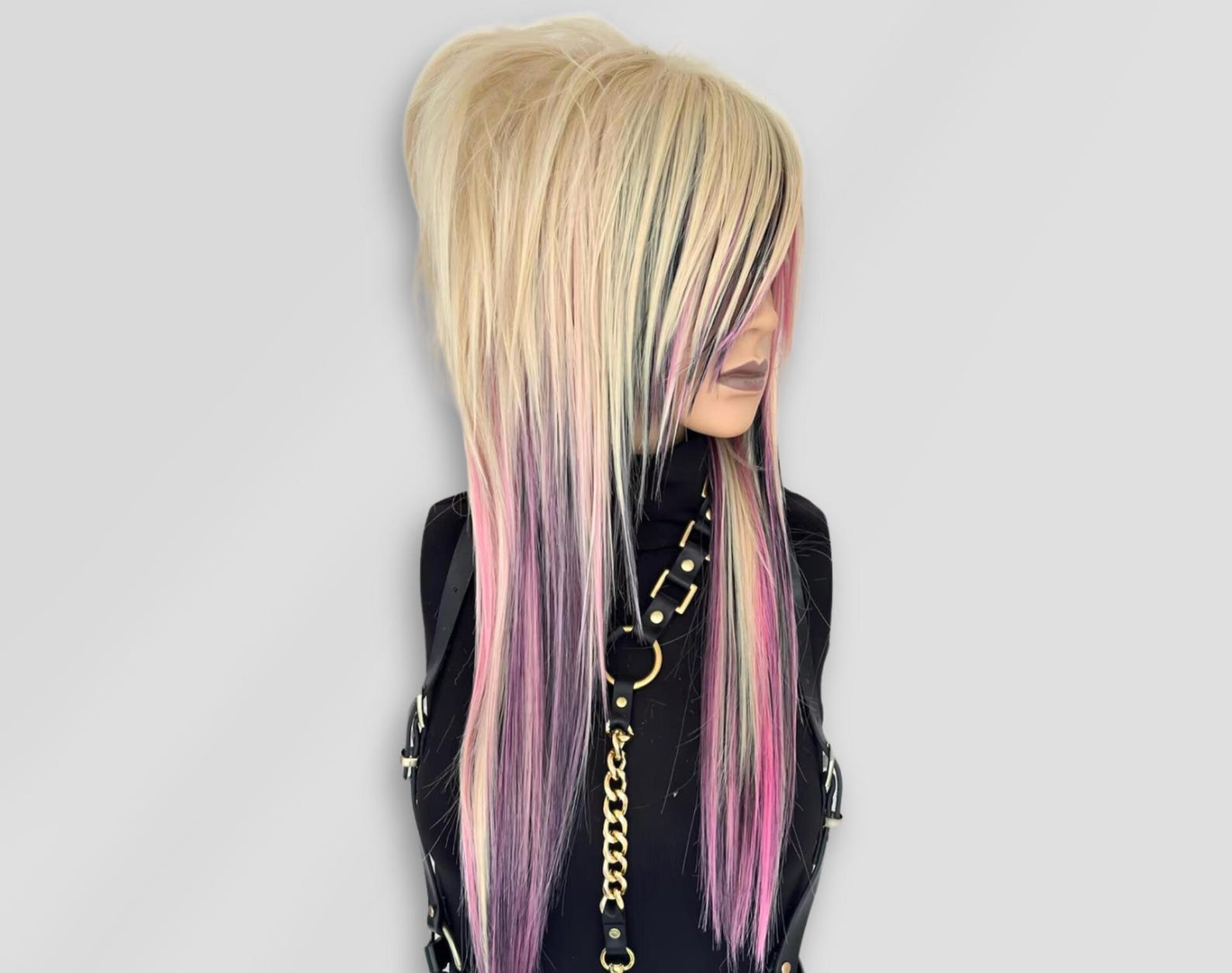 Emo Scene Wig in Blonde with Pink & Black – Layered Cut Wig with Side Bangs, Handmade Custom Wig for Cosplay, Costume.