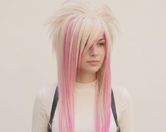ブロンドピンクシーンヘアウィッグ – 前髪付きレイヤードウィッグ
