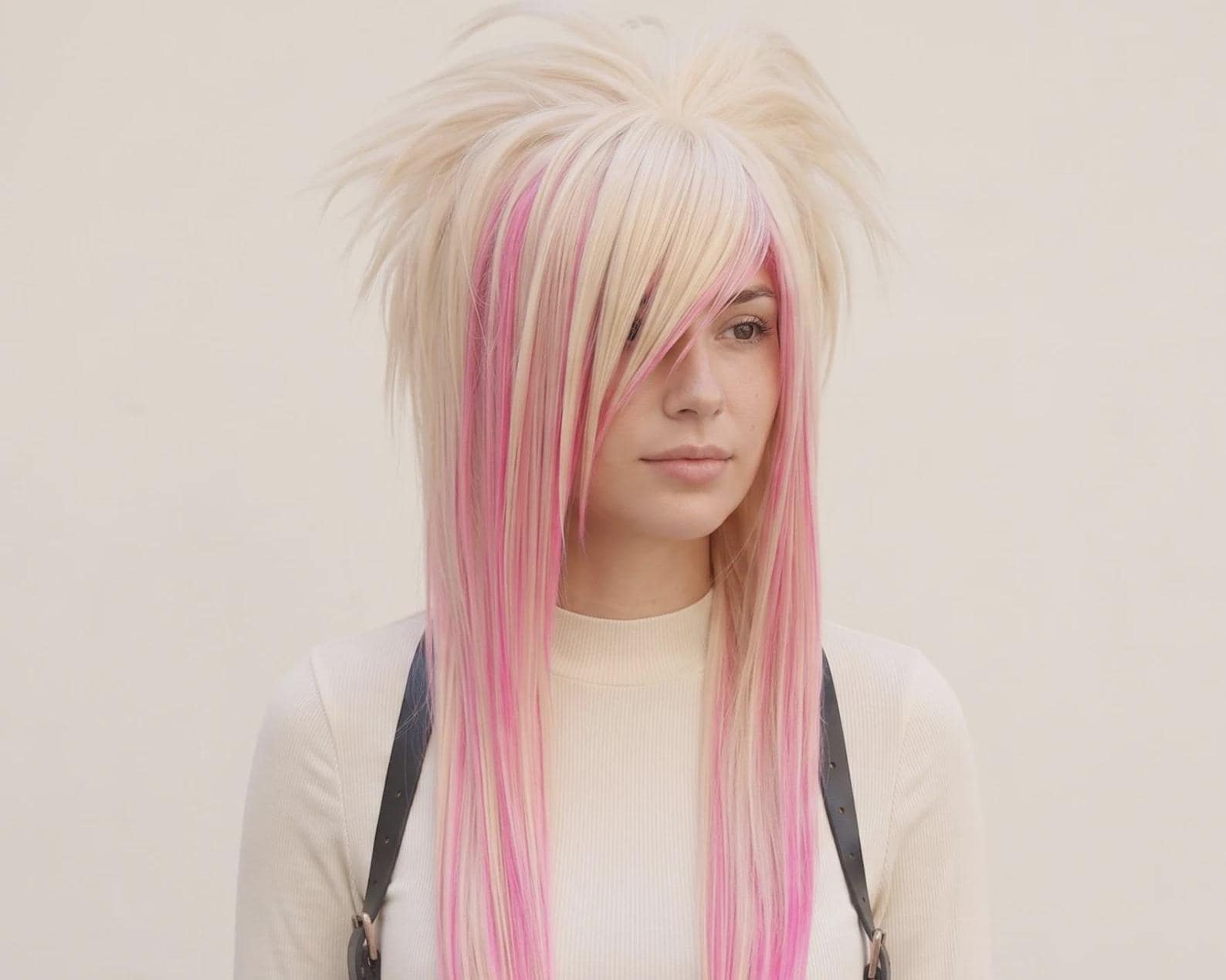 アレンジウィッグ☆オンブレアッシュピンク レイヤーロング ブロンドピンクシーンヘアウィッグ – 前髪付きレイヤードウィッグ