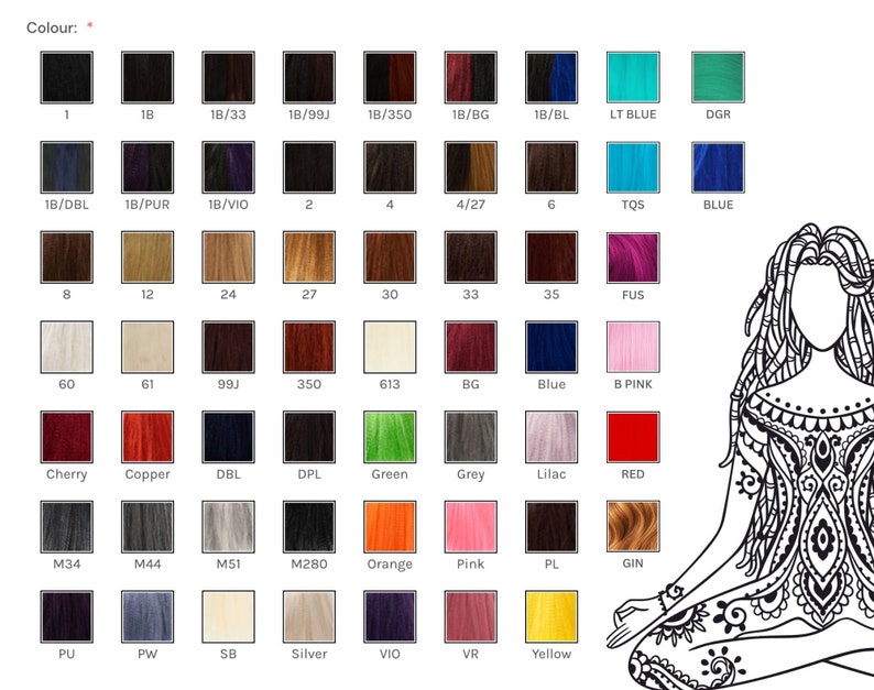 A detailed color selection chart displaying various synthetic hair colors for dreadlocks, including natural shades, ombre blends, and vibrant tones. Perfect for customization, mix-and-match options available. Handmade synthetic dreadlocks crafted for a natural appearance.