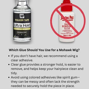 Visual guide comparing clear wig adhesive vs. bonding glue for securing mohawk wigs