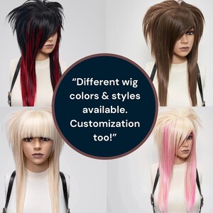 Selection of alternative scene wigs with spiky, voluminous cuts. Available in multiple colors, including black, blonde, and red. Handmade, high-quality synthetic wigs styled for emo, goth, and cosplay fashion. Heat-resistant fibers for flexible styling.