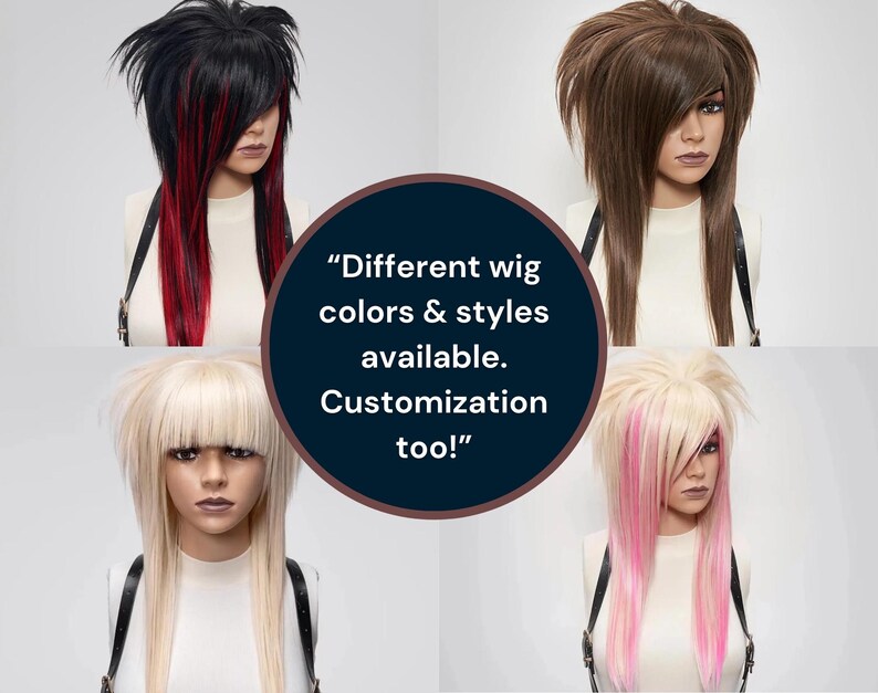 Selection of alternative scene wigs with spiky, voluminous cuts. Available in multiple colors, including black, blonde, and red. Handmade, high-quality synthetic wigs styled for emo, goth, and cosplay fashion. Heat-resistant fibers for flexible styling.