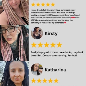 Customer reviews for pastel faux locs, handmade synthetic dreadlock customer testimonials, pink and blonde dreads on customers, 5-star feedback for festival dreads, client photos with synthetic dreadlocks, happy buyers of DE SE faux dreadlocks.