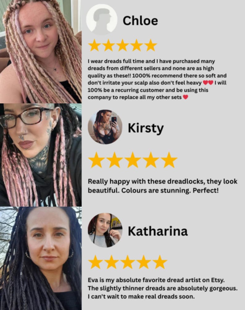 Customer reviews for pastel faux locs, handmade synthetic dreadlock customer testimonials, pink and blonde dreads on customers, 5-star feedback for festival dreads, client photos with synthetic dreadlocks, happy buyers of DE SE faux dreadlocks.