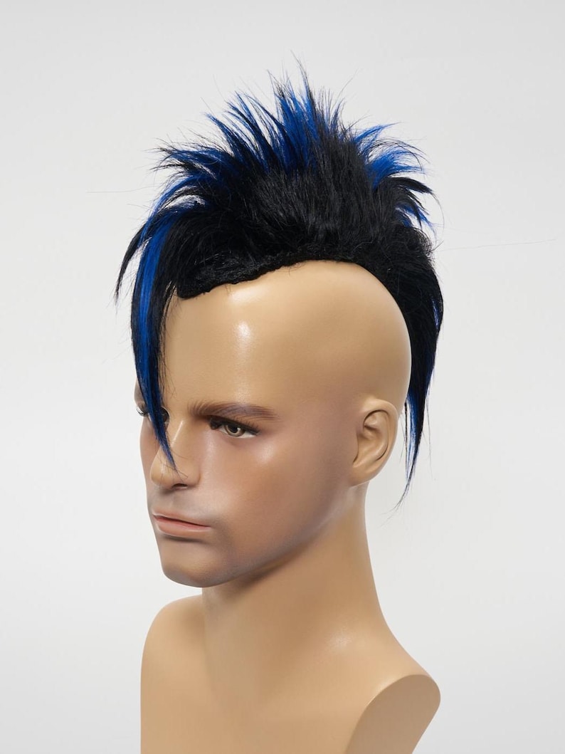Black and blue mohawk wig with upward spikes details, shown from a front angle