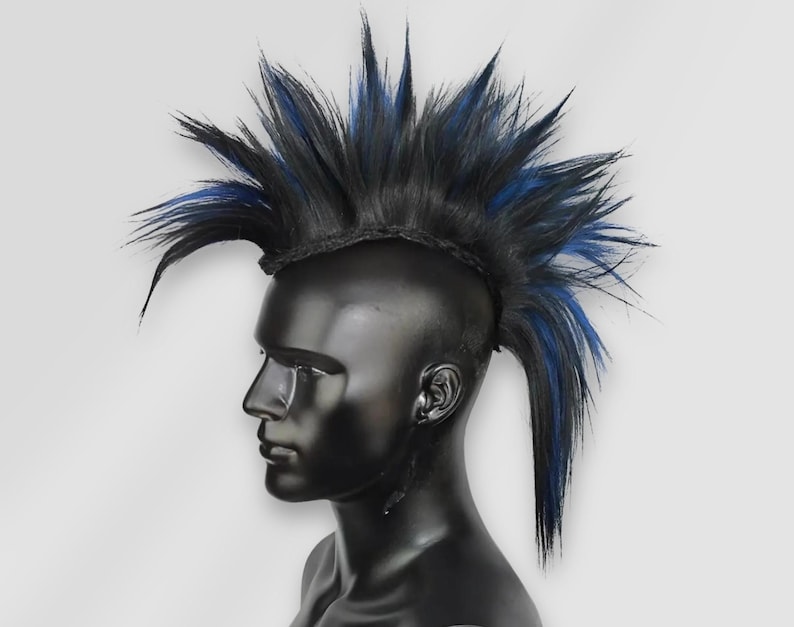 Black and blue human hair mohawk wig with long spiked top, shown in side profile