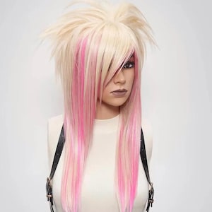 Emo Wig Scene Kids, Cosplay Wig Commission, Platinum Blond Wig Pink, Bang Wig Side Part, Glueless Wig Styled, Shaggy Wig Layered.