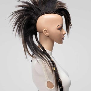 Brown mix synthetic mohawk wig with long spiked top and braided sides, shown in side profile