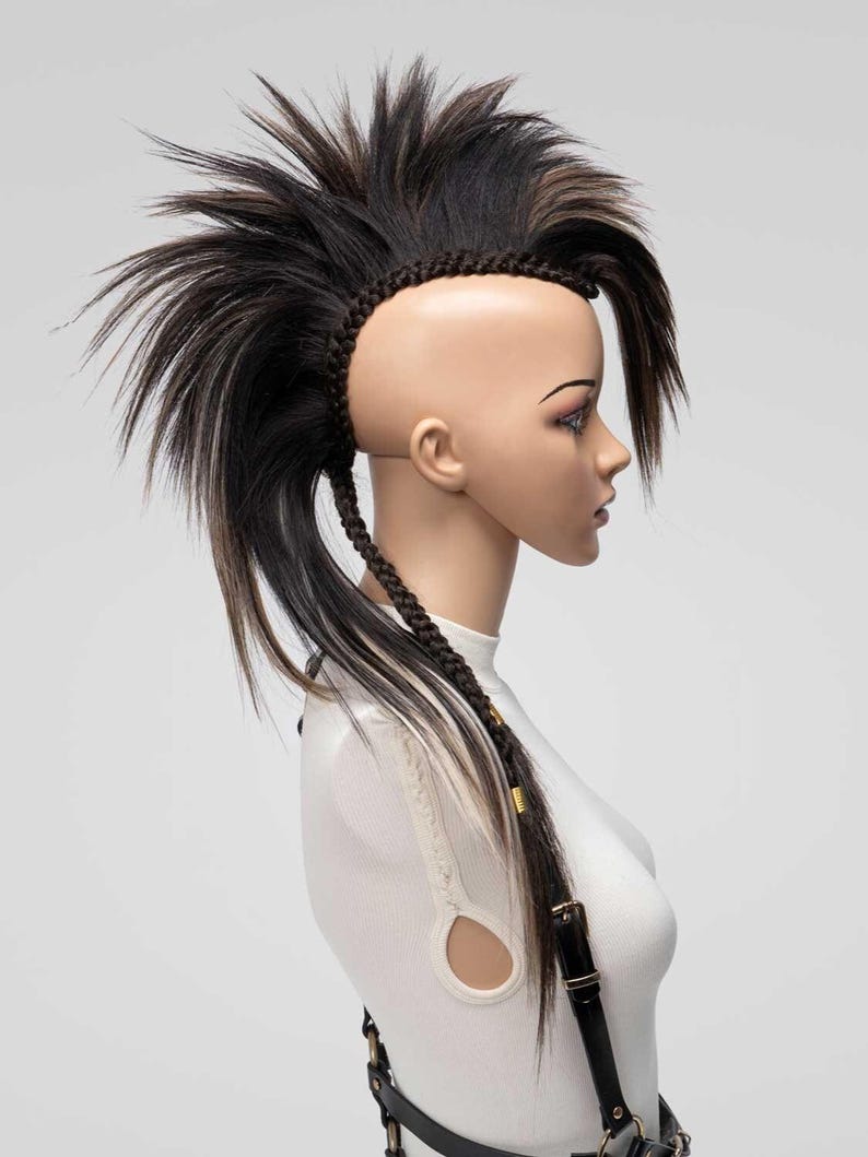 Brown mix synthetic mohawk wig with long spiked top and braided sides, shown in side profile