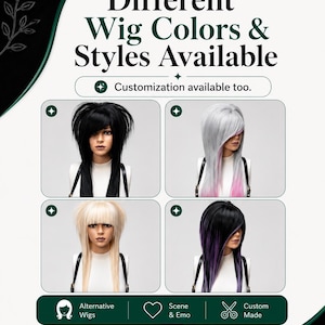 Custom wig colours and styles image showing different wig options, colours, cuts and custom style availability.