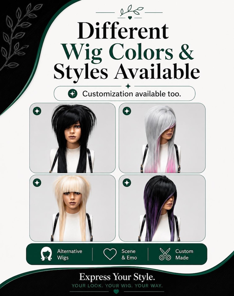 Custom wig colours and styles image showing different wig options, colours, cuts and custom style availability.