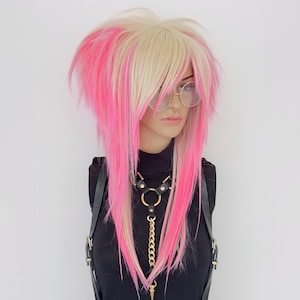 Emo Scene Wig in Blonde with Pink – Layered Cut Wig with Side Bangs for Scenecore, Y2K, Pastel Goth, and Kawaii Hair