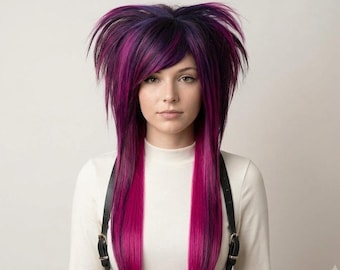 Pink and Purple Scene Wig – Long Layered Cut with Side Bangs, 360 Silk Top Wig for Alternative Emo Style