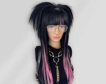 Black Pink Wig with Straight Bangs – Wolf Cut Mullet Hairstyle, Long Cosplay Wig for Emo, Scene and Alternative Fashion
