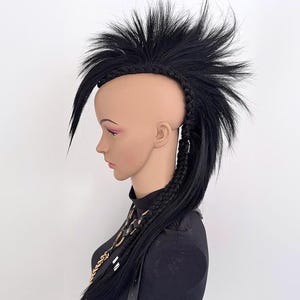 Black Mohawk Wigs - Clip In or Glue On Headpiece, Punk, Cyber Goth, Burning Man, Drag, Festival Hair