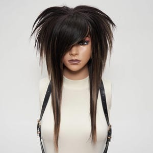 Scene hair wig in dark brown with light brown highlights, voluminous teased top, sharp layers, goth punk cosplay wig, synthetic hairpiece for alternative style, unisex fashion wig.