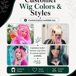Customer wig colours and styles image showing customer photos and custom wig options for scene, emo and alternative styles.