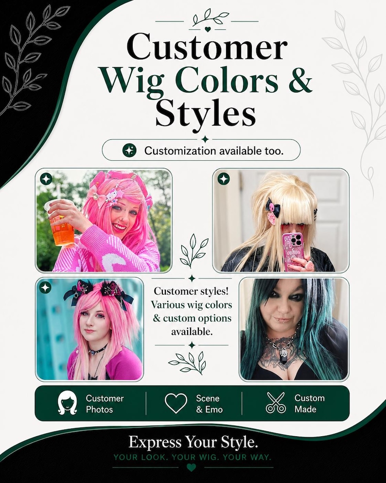 Customer wig colours and styles image showing customer photos and custom wig options for scene, emo and alternative styles.