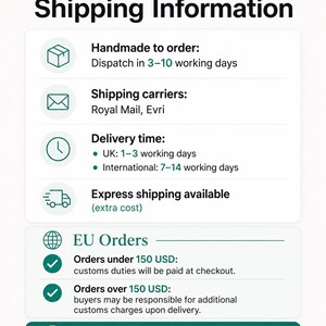 Shipping information infographic showing handmade dispatch time, shipping carriers, delivery estimates, express shipping and EU customs information.