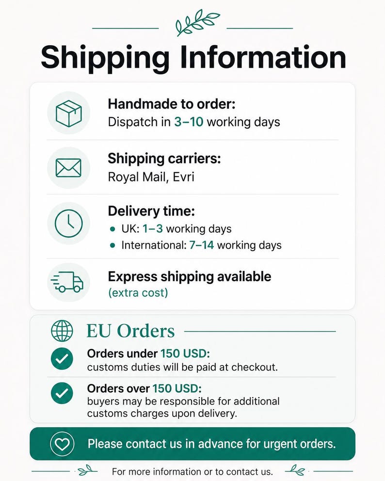 Shipping information infographic showing handmade dispatch time, shipping carriers, delivery estimates, express shipping and EU customs information.