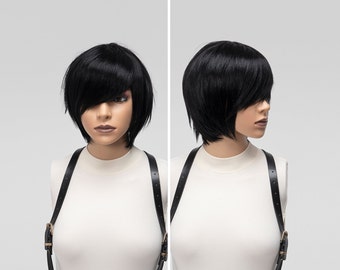 Black Emo Scene Bob Wig Men Human Hair Short, Straight Styled Wig with Bangs Glueless, Cosplay Costume Alopecia Chemo Custom Wig Commission