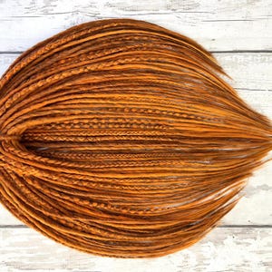 Extensão de dread de cobre laranja, dreadlock ruivo castanho-avermelhado, dread de ponta única dupla, dread macio com ponta solta, micro dreads finos.