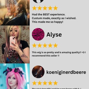 Collage of customer reviews and photos featuring buyers wearing mohawk wigs and wigs made by us.