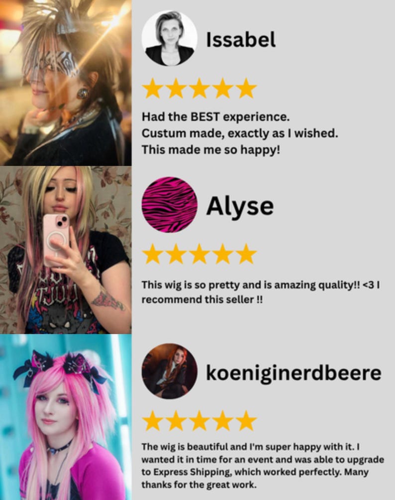 Collage of customer reviews and photos featuring buyers wearing mohawk wigs and wigs made by us.