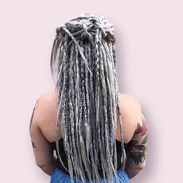 Graue Häkelnadel Set, Dread Lock Teil, Silber Einzel Doppel Ended SE SE Geflecht in Dreadlock, Boho Loks Haarverlängerung für Festivals