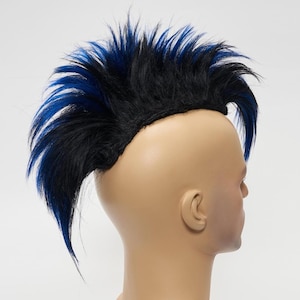 Back view of a long black and blue mohawk wig with high volume and detailed.