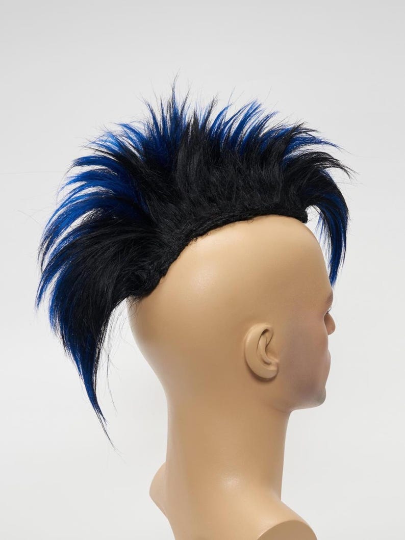 Back view of a long black and blue mohawk wig with high volume and detailed.