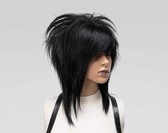 Emo Wig Scene Hair, Long Bob Wig Human Hair, Jet Black Wig Dark, 360 Wig Medium Length, Bang Wig Side Part, Spiky Wig Messy.