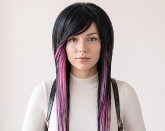 Emo-pruik met scènehaar, pastelroze pruik zwart, knallende zijscheiding, 360-pruik bijenkorf, shag-pruik gelaagd, alternatieve pruik gothic.