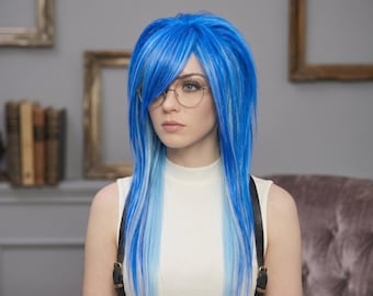 Blaue Szene Perücke – Langer Stufenschnitt mit Side Pony, Emo Alternative Cosplay Mode