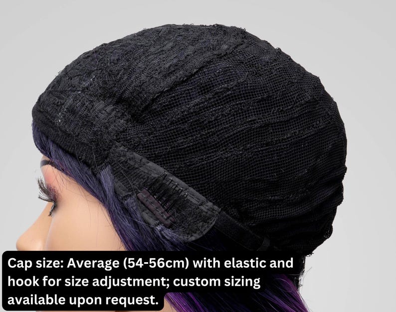Inside view of a synthetic wig cap. Adjustable elastic band and secure fit with breathable mesh design. Custom sizing available upon request. Comfortable and lightweight for all-day wear. Suitable for cosplay, fashion, and medical hair loss wigs.